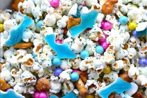 Shark Bait Snack, Vbs Snacks, White Chocolate Popcorn, Shark Bait, Air Popped Popcorn, Popcorn Snacks, Chocolate Popcorn, Pop Popcorn, Blue Food Coloring