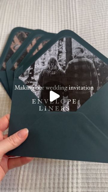 Jess on Instagram: "We ordered our invitations and were already to send them, then I suddenly say ‘I HAVE AN IDEA’ and here we are still not quite ready to send them out because I really wanted to add envelope liners ✉️ 
.
.
We’ve used photos from our engagement shoot with the amazing @charlottewottonphotography
I made a template on Canva (sorry, I don’t have a template to share, it was a bit of a mission!) 
We borrowed a printer and then I’ve spend some time getting them all cut out with the guillotine. The top corner is cut by hand to get that neat curve to mirror the shape of the envelope.
They will be glued down with a bit of pritt stick once the envelopes are addressed with my gold calligraphy ink and finished off with a custom wax seal ✨ 
Dark green envelopes are from @thepaperboxuk Save The Date Ideas Envelopes, Diy Envelope For Invitation, Wedding Invite Envelope Ideas, Wedding Invitation Envelope Ideas, Green Wedding Invitations Diy, Black Wedding Envelopes Invitation Ideas, Dark Green Wedding Envelopes, Wedding Invitations Photo, Wedding Invitation Envelope