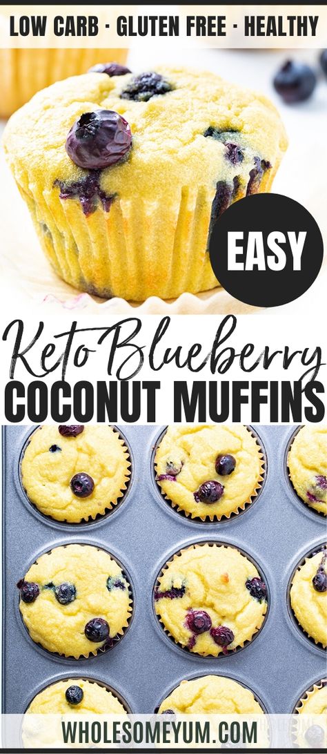 Keto Coconut Flour Blueberry Muffins Recipe - This low carb keto coconut flour muffins recipe is simple and delicious! See how to make coconut flour blueberry muffins in just 30 minutes, for easy desserts, breakfasts, or snacks. #wholesomeyum #keto #ketorecipes #muffins #ketodesserts #lowcarb #lowcarbdesserts #coconutflour #blueberries Coconut Flour Blueberry, Coconut Flour Blueberry Muffins, Coconut Flour Muffins, Keto Blueberry Muffins, Muffins Blueberry, Blueberry Muffins Recipe, Healthy Blueberry Muffins, Coconut Muffins, Coconut Flour Recipes