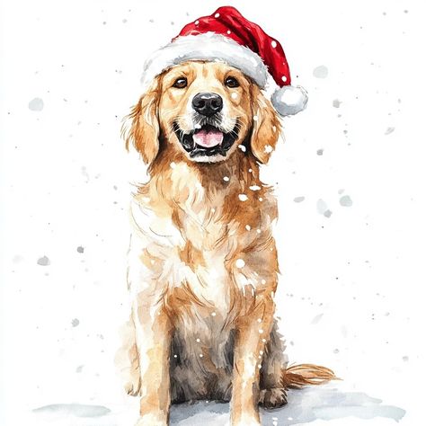 Watercolor illustration of a full-body golden retriever dog standing with a Santa hat on a white background. Bright, festive colors, playful style. Find & Download Free Graphic Resources for Christmas Watercolor Vectors, Stock Photos & PSD files. ✓ Free for commercial use ✓ High Quality Images. Watercolor Dog Christmas Card, Christmas Dog Watercolor, Watercolor Golden Retriever, Christmas Dog Drawing, Christmas Illustration Watercolor, Christmas Card Photo Ideas With Dog, Golden Retriever Puppy Christmas, Santa Watercolor, White Retriever