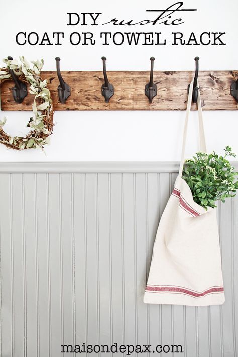 This DIY towel rack is gorgeous! The rustic finish and strong, sturdy hooks make this a perfect coat or towel rack for any space. Great step-by-step tutorial, too! maisondepax.com Bath Towel Racks Bathroom, Diy Coat Rack Wall Entryway, Diy Coat Rack Wall, Rustic Towel Rack, Vstupná Hala, Diy Towel Rack, Jlo Glow, Bathroom Towel Storage, Diy Coat Rack