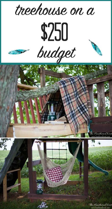 Great outdoor project idea! A DIY treehouse done for a $250 budget! Seen a lot… Treehouse Platform Simple, Cheap Treehouse Ideas, Tree House Plans How To Build, Pallet Tree House Diy Simple, Homemade Tree House, Simple Tree House Ideas, Treehouse Swingset, Tree House Decorating Ideas Inside, Diy Tree Fort