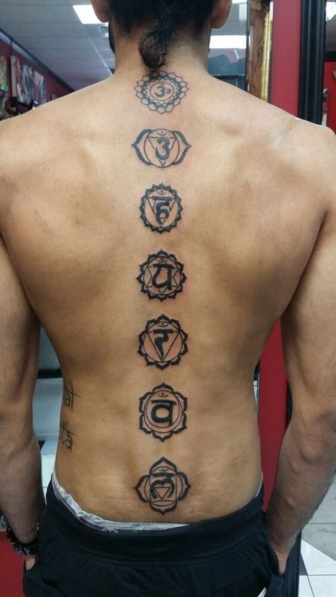 Trendy Seven Chakra Tattoo Will Activate Your Energy Points | Chakra tattoo, Cool forearm tattoos, Back tattoos for guys Chakra Spine Tattoo Men, Parshuram Tattoo, 7 Chakras Tattoo, Chakra Tattoos, Chakras Tattoo, Zen Tattoo, Hindu Tattoos, Chakra Tattoo, Tato Minimal