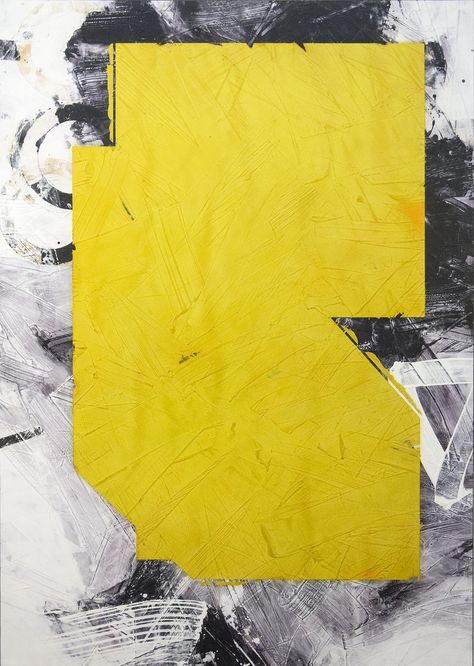 An angled shape in canary yellow floats on a ground of dove grey and black in this mixed media abstract composition by Ivo Stoyanov. The layered surface of this powerful mixed meida painting is polished into a rich satin finish. The bold, energetic paintings of Ivo Stoyanov have been collected in the US, Canada, Japan and Bulgaria. Stoyanov received a Masters degree in Mural Painting from the Fine Arts Academy in Sofia, Bulgaria (1990) and he has been commissioned to create major mural ... Texture Photoshop, Canvas Mixed Media, Words On Canvas, Texture Graphic Design, Contemporary Abstract Painting, Poster Background Design, Arte Inspo, Mural Painting, Cat Wallpaper