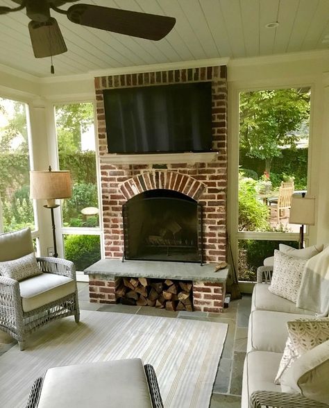 Fireplace Screened Porch, Screen Porch Fireplace Ideas, Screened Porch Storage Ideas, Screened In Porch With Brick Fireplace, Outdoor Fireplace With Log Storage, Outdoor Fireplace With Hearth, Outdoor Fireplace In Screened In Porch, Brick Fireplace On Porch, Screen In Porch With Fireplace