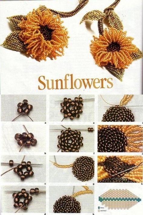 Beaded Sunflower, Beaded Leaves, Beaded Flowers Patterns, Seed Bead Crafts, Seed Bead Flowers, French Beaded Flowers, Beads Craft Jewelry, Beaded Leaf, Beading Jewelery