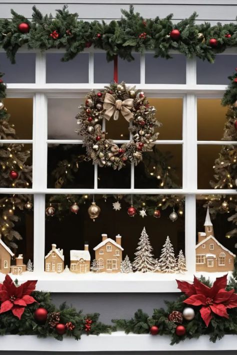 Big Window Christmas Decor, Windows Christmas Decor, Indoor Window Christmas Decor Ideas, Decorate Windows For Christmas, Window Christmas Decor, Christmas Apartment Decor, Diy Christmas Window, Christmas Window Decor, Classy Christmas Decor