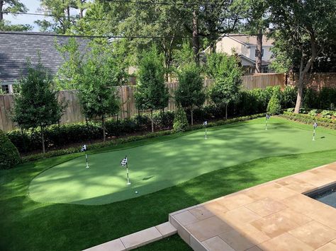 Backyard Putt Green, Backyard Putt Putt, Backyard Turf, Golf Backyard, Backyard Vibes, Mid Century Landscaping, Backyard Golf, Green Backyard, Turf Installation