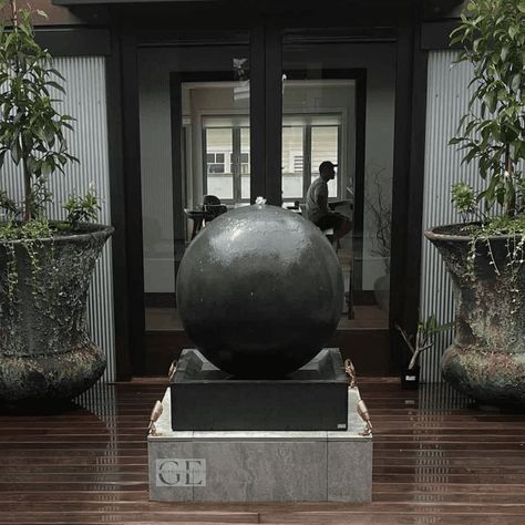 The Pietro Stoneware Sphere Fountain is a compact water feature with a perfectly rounded 3-dimensional ball sitting on a square base. Water trickles from the top of the ball completely covering the ball surface to create a mesmerising water flow with soothing sound. Aqualens Sphere Fountain, Globe Water Feature, Sphere Water Fountain, Sphere Fountain Outdoor, Round Fountain, Japandi Garden, Water Feature Garden, Sphere Water Feature, Sphere Fountain