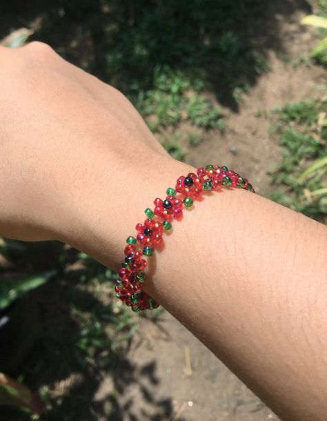 Flower Bead Bracelet, Flower Bracelet, Red Flower, Bead Bracelet, Beaded Flowers, Bracelet Gift, Red Flowers, Embroidered Friendship Bracelet, Rope Bracelet