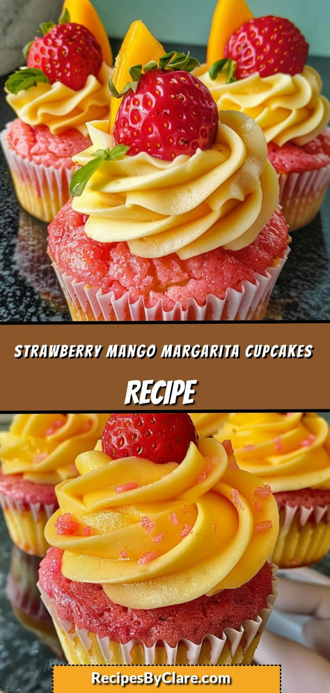 These Strawberry Mango Margarita Cupcakes are layered with tropical strawberry and mango flavors, topped with a swirl of buttercream, and finished with lime wedges and strawberry halves. A refreshing and fun dessert!  Ingredients:  3 tsp baking powder ½ cup vegetable oil 1 batch American or Swiss Meringue Buttercream The perfect cupcake for any festive gathering, combining fruity flavors with a margarita twist! Strawberry Mango Margarita Cupcakes, Strawberry Mango Cupcakes, Tropical Cupcake Ideas, Strawberry Milkshake Cupcakes, Mango Shooters, Strawberry Margarita Cake, Cupcakes In A Cup, Strawberry Mango Margarita, Strawberry Garnish