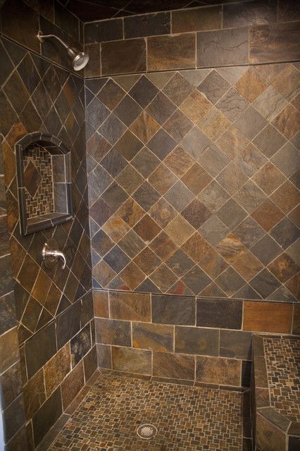 Slate Master Bath, Slate Bathroom Floor, Slate Bathroom Tile, Dyi Bathroom, Slate Bathroom, Slate Shower, Brown Tile, Tuscan Kitchen, Master Bath Ideas