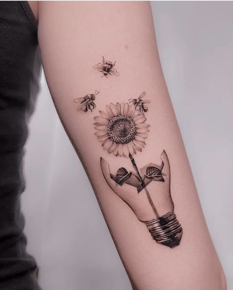 Sunflower Ribbon Tattoo, Sunflower And Firefly Tattoo, Lightbulb Sunflower Tattoo, Sunflower Bee Tattoo, Bee And Butterfly Tattoo, Sunflower Black Tattoo, Sunflower And Bee Tattoo, Black And White Sunflower Tattoo, Sunflower And Rose Tattoo