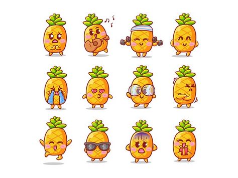 Pineapples Drawings, Pineapple Cartoon Drawing, Pineapple Character Design, Pineapple Cartoon Cute, Cute Food Characters, Pineapple Illustration Design, Pineapple Drawings, Freepik Premium Vector, Cute Characters Kawaii