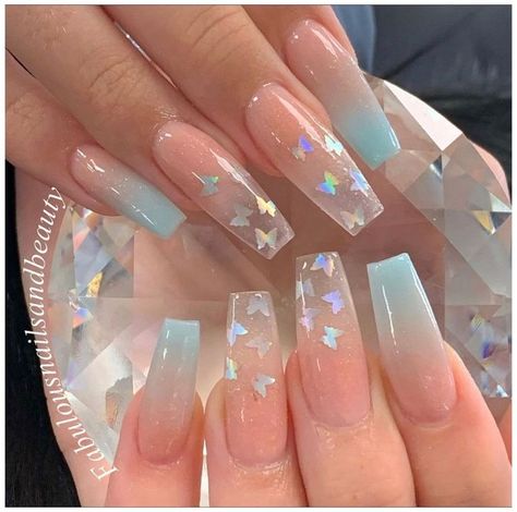 Nail Designs With Clear Nails, Cute Nails Acrylic Coffin Blue, Cuffing Nail Design, Acrylic Nails For Birthday Summer, Spring Nails Butterflies, Birthday Nails Summer, Clear Nails With Design, Uñas Aesthetic