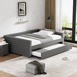 ONEMMLION Full Size Daybed with Trundle, Upholstered Day Bed Frame with Backrest and Wood Slat Support, Trundle Daybed in Linen, Twin Sofa Bed for Bedroom Guest Room, No Box Spring Needed, Grey Upholstered Day Bed, Day Bed Frame, Full Size Daybed, Sofa Bed Bedroom, Wood Platform Bed Frame, Daybed With Storage, Upholstered Daybed, Solid Wood Platform Bed, Daybed With Trundle