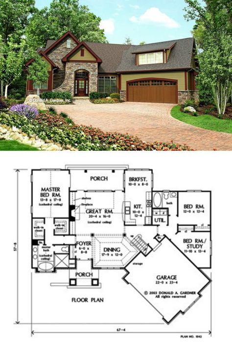 The Gadberry floor plan and a preview of the craftsman exterior. This one story craftsman house plan with bonus room also has 3 bedrooms and 2 bathrooms. Visit us to see more of this 1986 sq.ft. single story home plan, other craftsman house plan, craftsman style homes, and craftsman style house plans. By Don Gardner. Single Story Craftsman, One Story Craftsman House Plans, French Country House Plans, Mansion Floor Plan, Craftsman Exterior, Wooden Dining Set, Country Craftsman, Craftsman Style House, Craftsman Style House Plans