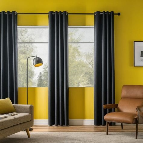 Curtains For Yellow Wall ... lobians.com Curtains For Yellow Walls, Perfect Curtains, Farmhouse Living Room Curtains, Orange Curtains, Color Coordination, Unique Farmhouse, Types Of Curtains, Yellow Wall, Grey Curtains