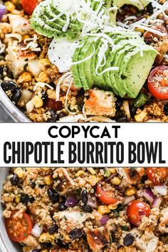 This homemade Chipotle Bowl tastes like a Chipotle chicken burrito bowl but is better for you and better tasting too! Made with cilantro lime quinoa, juicy chicken, and all of your favorite toppings, it's a delicious, easy, healthy dinner and great for meal prep. Gluten free and easy to customize. Homemade Chipotle Bowl, Homemade Burrito Bowl, Chipotle Chicken Burrito Bowl, Chipotle Chicken Burrito, Cilantro Lime Quinoa, Chipotle Recipes, Chipotle Bowl, Homemade Chipotle, Lime Quinoa