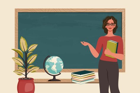 Female school teacher in classroom. Smiling young woman standing beside blackboard, teaching lesson. Education, knowledge concept. School banner. Vector cartoon illustration Teachers Illustration, Teacher Aesthetic, Teaching Lessons, Female Teacher, School Banner, Fancy Blouse, Vector Cartoon, Vector Art Illustration, Banner Vector