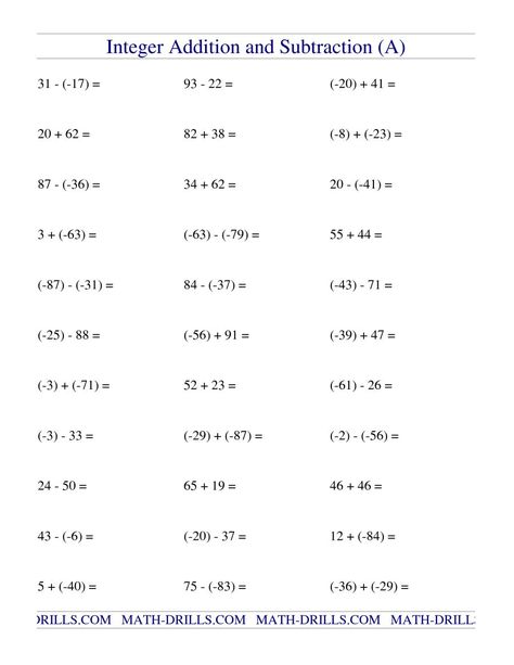 The Integer Addition and Subtraction (Range -99 to 99) (A) Math Worksheet Adding Integers Worksheet, Subtracting Integers Worksheet, Negative Numbers Worksheet, Adding Integers, Adding And Subtracting Integers, Integers Worksheet, Subtracting Integers, Integer Operations, Free Printable Math Worksheets