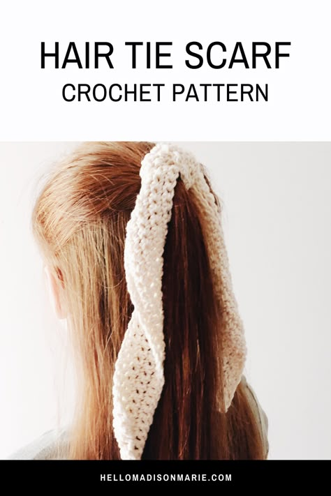 Although hair ties are a year-round essential, they are often a staple for warmer months (spring and summer). Next time you need to pull your hair up, why not style it with a cute, handmade, easy-to-crochet DIY hair tie scarf? Try this free easy crochet pattern and work some up for you, family members, and friends (they make beautiful gifts). Free Crochet Hair Tie Patterns, Hair Tie Scarf, Crochet Summer Projects Free Pattern, Crochet Accessories Hair Styling, Hair Scarf Crochet Pattern, Crochet Ribbons For Hair, Scrunchie With Scarf, Crochet Hair Bows How To Make, Crochet Hair Assories