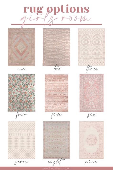 A list of affordable pink rugs for a little girl's room that blend soft pinks, corals, and creams, with accents in gold, yellow, or light blue. Girls Bedroom Rug, Nursery Rugs Girl, Rugs Nursery, Girls Room Rugs, Pink Rugs, Big Girl Bedrooms, Toddler Girl Room, Nursery Room Design