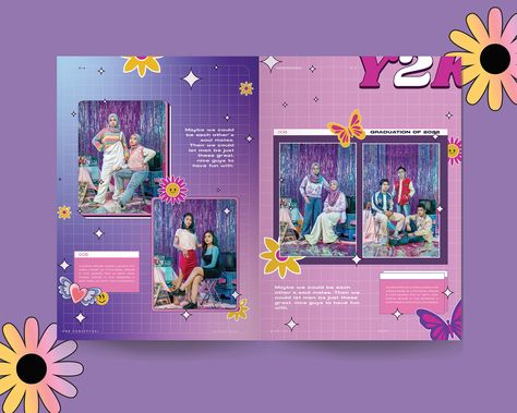 Y2k Yearbook, Magazine Projects, Y2k Magazine, Scrapbook Themes, Purple Y2k, Yearbook Layouts, Yearbook Themes, Yearbook Design, Desain Editorial