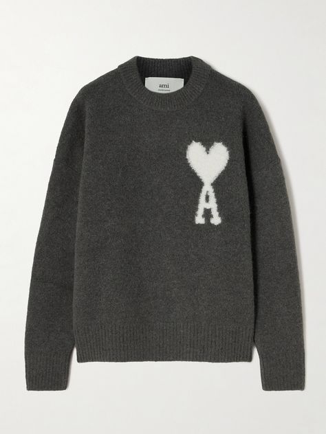 AMI PARIS' 'ADC' sweater is instantly recognizable to those in the know thanks to the iconic  Ami de Cœur  logo. Intarsia-knitted from alpaca-blend, it has dropped shoulders to lean into the relaxed styling. Ami Paris Sweater Outfit, Old Money Wishlist, Wish List Clothes, Ami Clothes, Ami Paris Outfit, Ami Paris Sweater, Ami Sweater, Tshirt Sweater Outfit, Unrealistic Wishlist