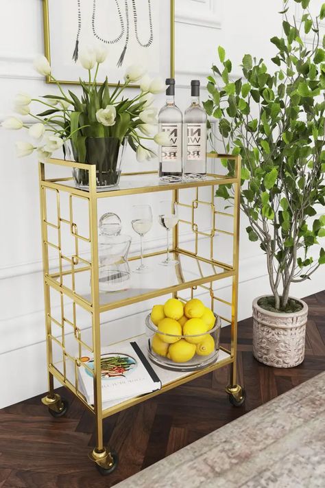 HEP2K Butler Arcadia Polished Gold Bar Cart Gold Bar Cart, Haute House, Bar Cart Styling, Serving Table, Caster Wheels, Entertainment Bar, Aesthetic Ideas, Bar Carts, Wine Cabinets