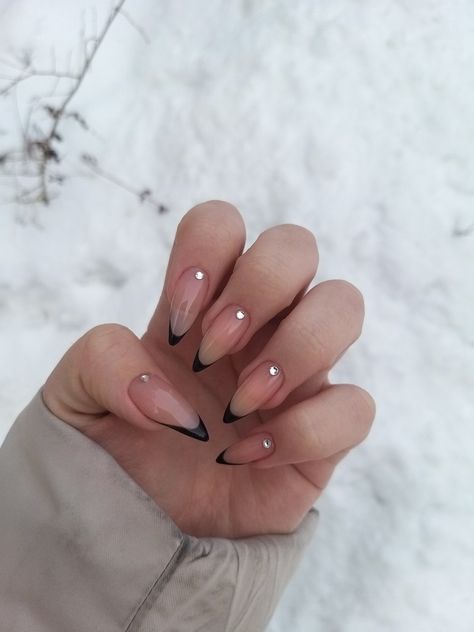 Matte Almond French Tip Nails, Black Tip French Manicure Almond, Almond Black French Tip Nails With Rhinestones, Black French Diamond Nails, Black French Tip Nails With Gems Almond, Black Reverse French Nails, Black Nail Ideas With Rhinestones, Black Tip Nails With Rhinestones, Spanish Tips Nails