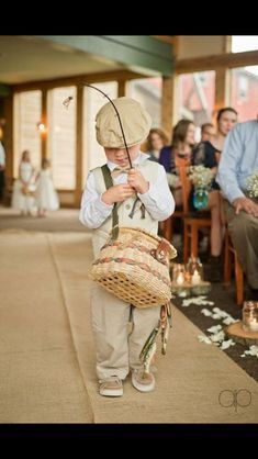 Ring bearer with fis No Ring Bearer Ideas, Country Fishing Wedding Ideas, Fishing Centerpieces Ideas Wedding, Fishing Wedding Ideas, Fishing Centerpieces, Fishing Engagement, Fishing Themed Wedding, Fish Wedding, Fishing Wedding