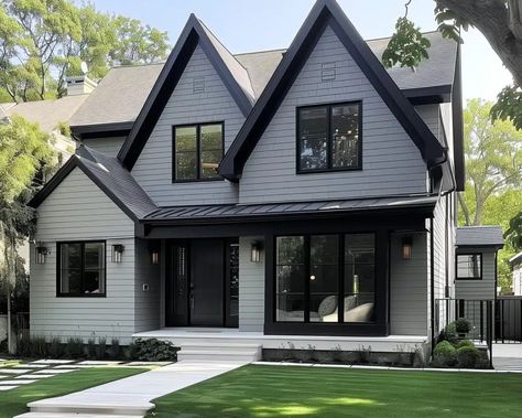 Gray Houses With Black Trim, Gray House With Black Trim, Brick Ranch House Exterior, Painted Brick Ranch House, Exterior House Colors Farmhouse, Houses With Black Trim, House With Black Trim, Black Trim Exterior House, Dark Houses