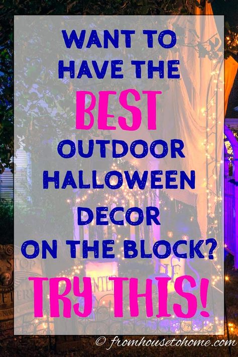 These Halloween outdoor decor ideas are AWESOME!! I'm definitely going to have the best front yard Halloween outdoor lighting in the neighborhood using these ideas. Spooky Outdoor Halloween Decor, Indoor Halloween Decor, Halloween Lighting, Halloween Lighting Outdoor, Outdoor Halloween Decor, Halloween School Treats, Halloween Lights Decorations, Outdoor Lighting Ideas, Halloween Outside