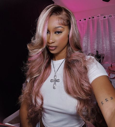 Brown Wig Pink Highlights, Brown Wig With Pink Highlights, Pink And Blonde Highlights In Black Hair, Platinum Blonde With Pink Highlights, Pink Highlighted Wig, Brown And Pink Hair Black Women, Pink Blonde And Brown Hair, Brown And Pink Wig, Blonde And Brown Hair Color Black Women