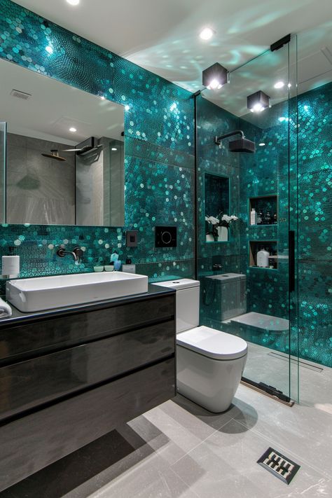 Elegant Teal & Black Modern Bathroom Makeover Ideas Aqua And Black Bathroom, Black And Turquoise Bathroom, Lgbtq Oc, Dark Teal Bathroom, Modern Bathroom Makeover, Elegant Modern Bathroom, Black Modern Bathroom, Bathroom Makeover Ideas, Teal Bathroom Decor