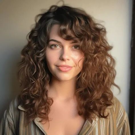 Curly Long Bangs Hairstyles, Side Sweep Bangs Curly Hair, Side Curly Bangs, Curly Side Part With Bangs, Curls Bangs Long Hair, Long Wavy Hair With Side Bangs, Long Fringe Curly Hair, Side Fringe Curly Hair, Curly Hair With Side Swept Bangs