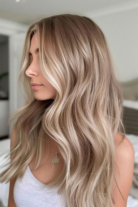 Woman with long blonde wavy hair, wearing a white top, in a softly lit room. Light Root Smudge Blonde, Champagne Blonde Highlights On Brown Hair, Cooler Blonde Hair, Winter Hair Color For Blondes Blue Eyes, Winter Blonde Hair Medium Length, Blonde Balayage Vs Highlights, Hair Ideas For Dirty Blonde, Lowlights For Blondes Formula, Oat Milk Blonde Hair