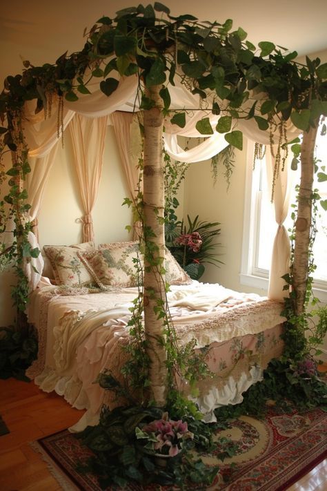 Canopy Bed With Vines, Enchanted Bedroom Ideas, Canopy Bed Ideas, Forest Room, Dream Bedroom Inspiration, Canopy Bed Frame, Casa Vintage, Romantic Bedroom, Cute Bedroom Decor