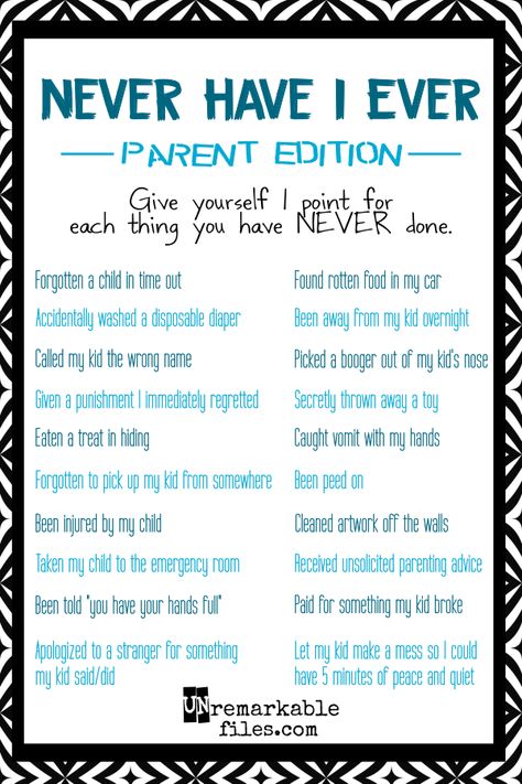 What was your score? I got a 1. Click for more "Never Have I Ever"s and see how you stack up.  {posted @ Unremarkable Files} Mommy Group, Moms' Night Out, Games For Moms, Moms Night, Mom Group, Never Never, Bad Moms, Ice Breaker, Virtual Baby Shower