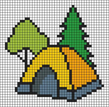 Camping Cross Stitch Patterns Free, Camping Perler Beads, Camping Pixel Art, Pixel Mountain, Cross Stitch Camper, Camping Cross Stitch Patterns, Cross Stitch Camping, Bookmark Aesthetic, Adventure Forest