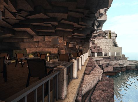 Bloxburg Cliffside House, Bloxburg Hotel Interior, Bloxburg Terrain, Bloxburg Lobby Ideas, Faulty Bloxburg, Italian Cliffside, Build Ideas Bloxburg, Bloxburg Hotel Exterior, Mountain House Bloxburg