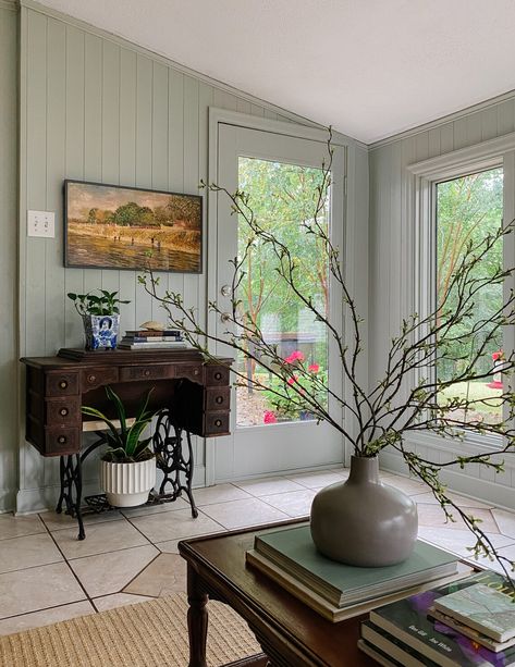 Sunroom Wall Colors, Tudor Paneling, Sunroom Makeover, Tounge And Groove, Tongue And Groove Walls, Cedar Walls, Tongue And Groove Panelling, Wall Planks, Modern Barn Door