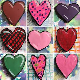 Mixed Media Hearts Ideas, February Elementary Art Projects, Valentine’s Day Art Projects, Heart Art Lesson, Vday Art, Valentines Art Lessons, Burton Morris, Heart Lesson, Heart Art Projects