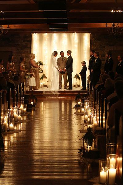 Winter Wedding Chapel Decorations, Romantic Chapel Wedding, Candle Lit Ceremony Aisle, Wedding Indoor Lighting, Candle Decor Wedding Ceremony, Indoor Winter Wedding Ceremony, Candle Light Wedding Ceremony, Candle Wedding Ceremony, Candle Lit Wedding Ceremony