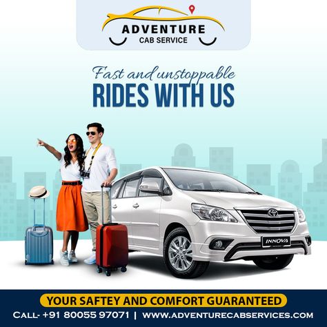 Need a ride? Look no further! Our taxi service offers fast and unstoppable rides at an affordable rate. Whether you're running late for a meeting or just need a quick ride home, we've got you covered. Don't Wait Book Now !!!🚗👨‍👩‍👧‍👦 Contact for cab service in Jaipur (Rajasthan) Call +91- 8005597071 Visit our website https://adventurecabservices.com/ . . #adventurecabservices #affordablerides #fastandunstoppable #newyear2023 #happynewyear2023s #cab #taxi Tours And Travels Visiting Card Design, Cab Service Creative Ads, Taxi Service Creative Ads, Travel And Tours Logo, Sales Slogans, Car Post, Yt Thumbnail, Restaurant Brochures, Tempo Traveller