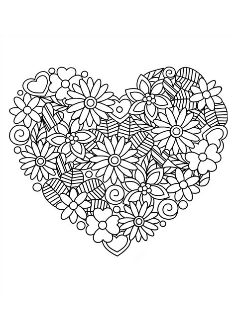 Pretty heart of flowers and leaves - JustColor.net : Free printable coloring pages for adults and kids Free Printable Coloring Pages For Adults, Hearts Coloring Pages, Heart Of Flowers, Embroidered Mandala, Flowers Coloring Pages, Printable Coloring Pages For Adults, Adult Coloring Books Printables, Coloring Page For Adults, Flowers Coloring