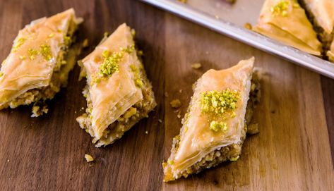 Classic Syrian Baklava | Classic Syrian Baklava *Hot honey instead of syrup Gluten Free Baklava, Baklava Recipe, Sunset Magazine, Arabic Sweets, Phyllo Dough, Homemade Gluten Free, Pastry Dough, Classic Desserts, Beltane