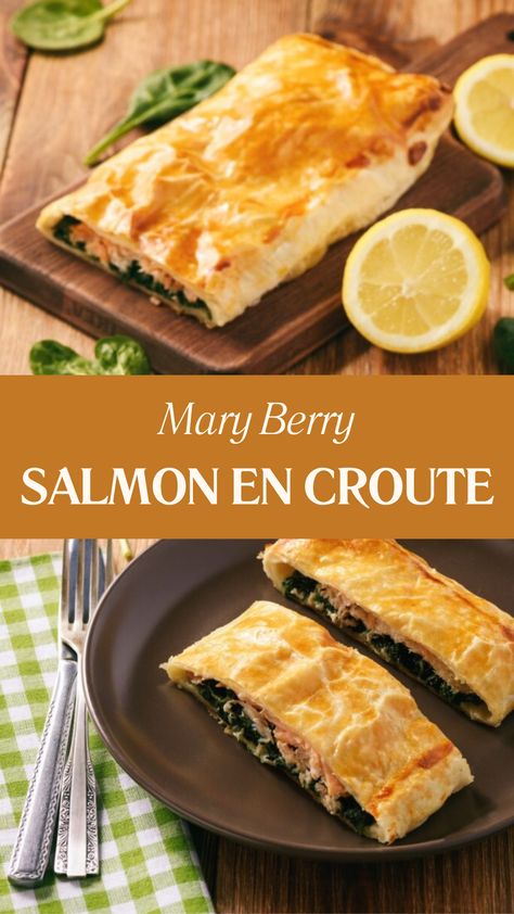 Mary Berry Salmon En Croute Salmon Coulibiac Mary Berry, Mary Berry Recipes Dinners, Mary Berry Fish Pie, Mary Berry Salmon, Salmon Coulibiac, Salmon En Croute Recipe, Christmas Salmon, Puff Pastry Cream, Mary Berry Recipes