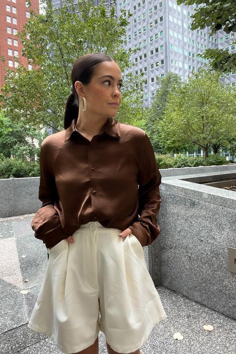 Brown silk top: Princess Polly Cream shorts: WeWoreWhat Earrings: Rent the Runway Brown Silk Top Outfit, Silk Shorts Outfit, Brown Silk Shirt, Silk Top Outfit, Outfit For Fall, Cream Shorts, Beige Shorts, Brown Outfit, Brown Silk